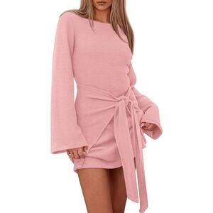 Womens Pink Soft Girl Coquette Ribbed‎ Tie Waist Bell Sleeve Cozy Mini Dress SML
